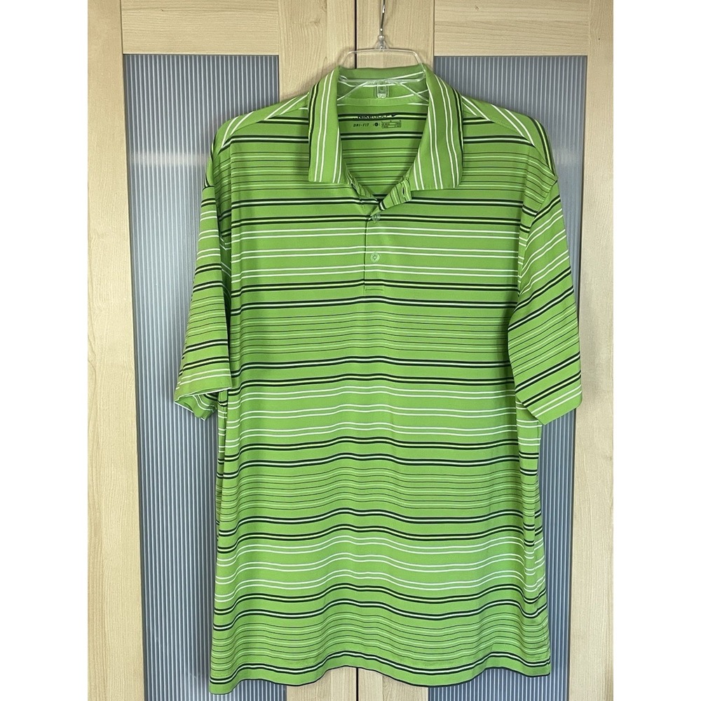 Nike Golf‎ Polo Shirt Top Adult Large Green Striped Dri Fit Casual Preppy Office